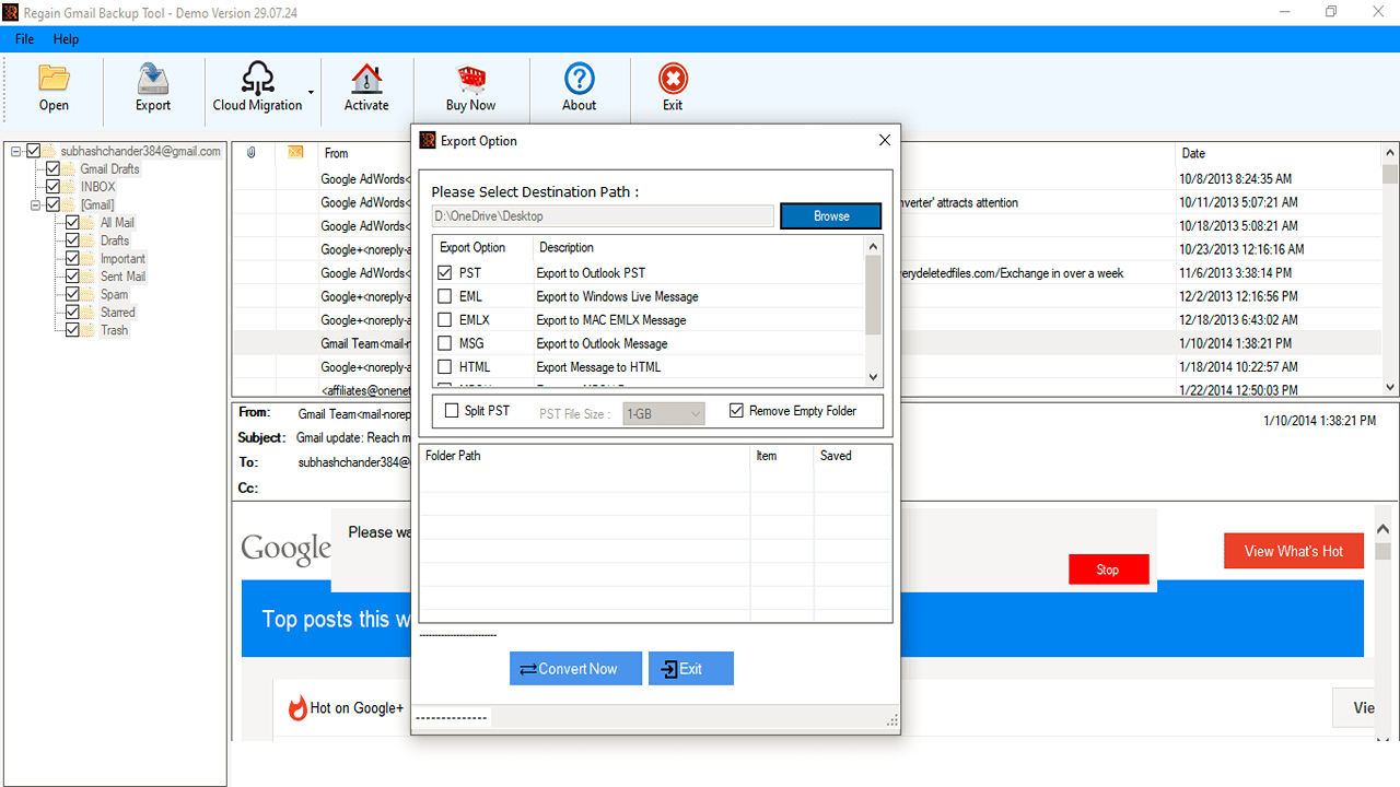 screenshot of Regain Gmail Backup and Migration